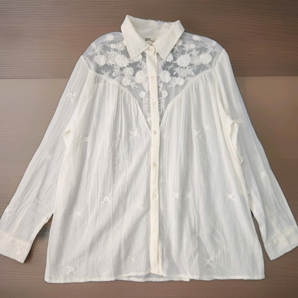 Magazine Embroidered Button Up Blouse Sz L Boho Semi Sheer Lightweight Festival